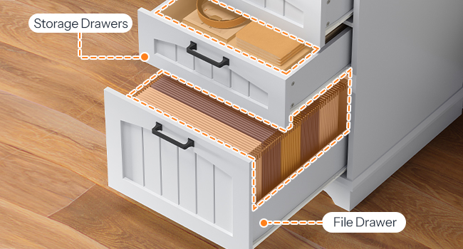 L-Shaped Corner Computer Desk with Integrated Charging Station, White & Walnut Wooden Home Office Desk with File Drawers and Adjustable Open Shelves