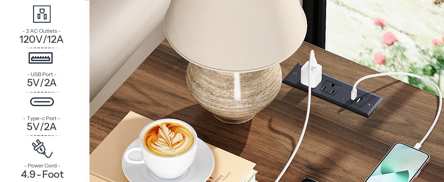 Maalaistalon päätypöytä latausasemalla, Suuri sohva sivupöytä sivuhyllyillä, Neliö yöpöytä lasi -ovella, Suuri yö seisoo olohuoneeseen, Valkoinen ja pähkinä