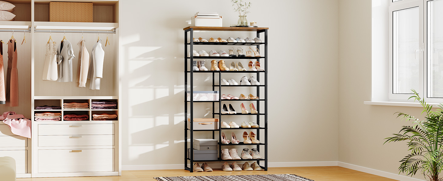 10-Tier Shoe Rack with Detachable Shelves, Large-Capacity Shoe Storage Organizer, Accommodates 27-30 Pairs of Shoes, Suitable for Entryway, Hallway, Dorm Room, Rustic Brown & Black