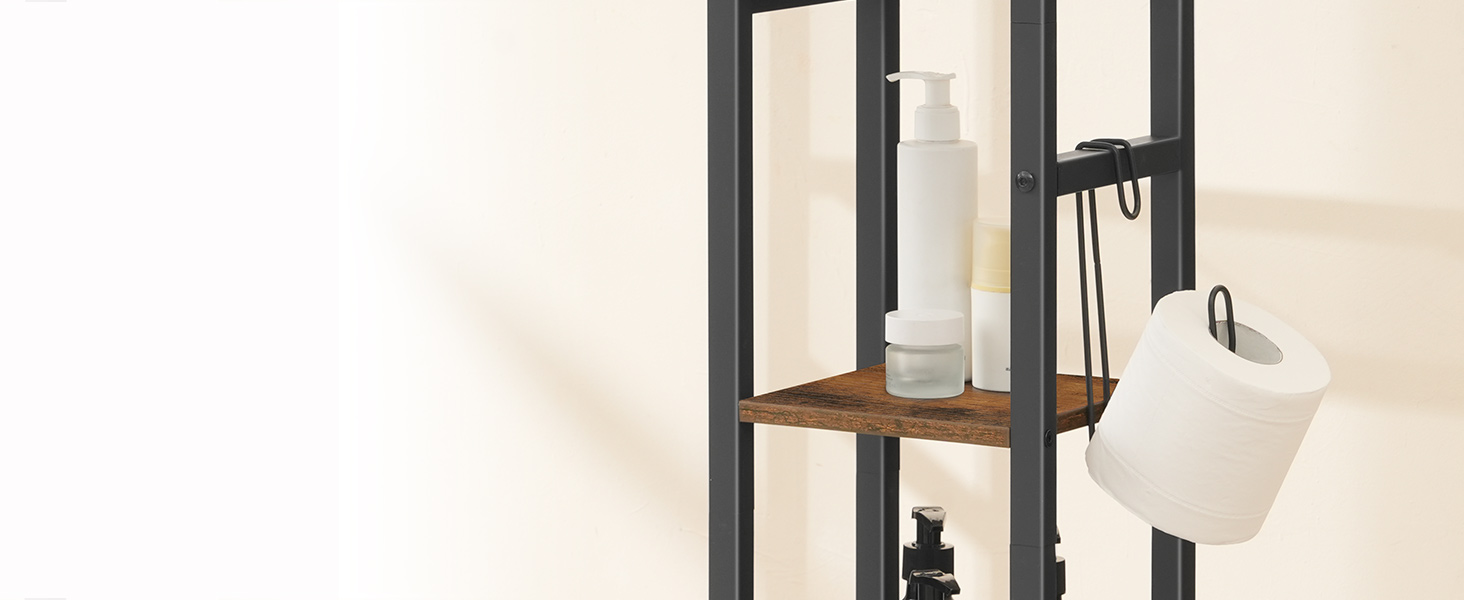 HOOBRO Over The Toilet Storage, 5-Tier Bathroom Organizer Over Toilet with Toilet Paper Holder, Hooks, Freestanding Bathroom Storage Shelves for Room, Space Saver, Rustic Brown and Black