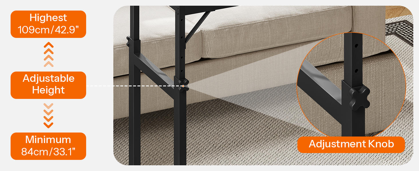 Rustic Brown & Black Mobile Overbed Table with Lockable Wheels, 180cm Height-Adjustable Over Bed Desk Equipped with Charging Station, Suitable for Bedroom, Living Room and Office