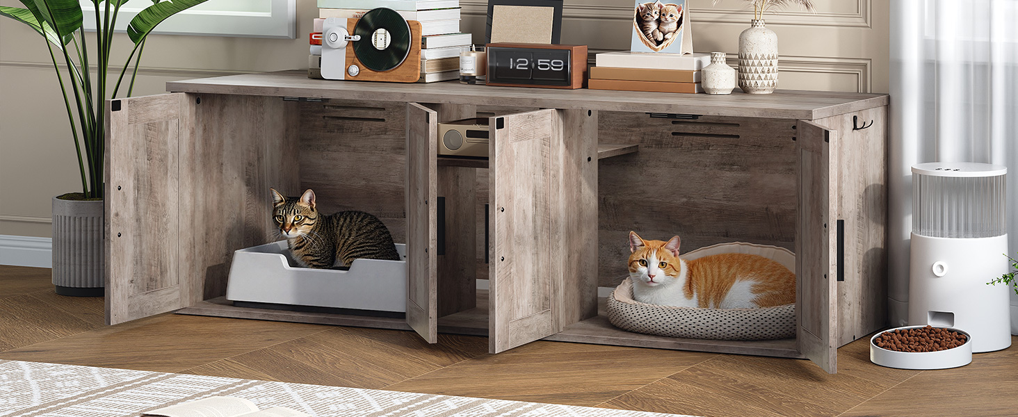 Grijze dubbele kattenbakbehuizing, Verborgen ontwerp met gang, Houten kattenbak met haken