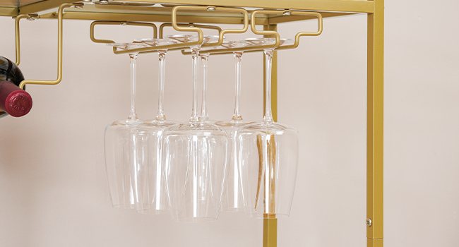 2-Tier Gold Bar Cart with Wine Rack and Glass Holder, Mobile Serving Cart with Wheels and Guard Rails for Dining Room, غرفة الجلوس, الحزب والحانة