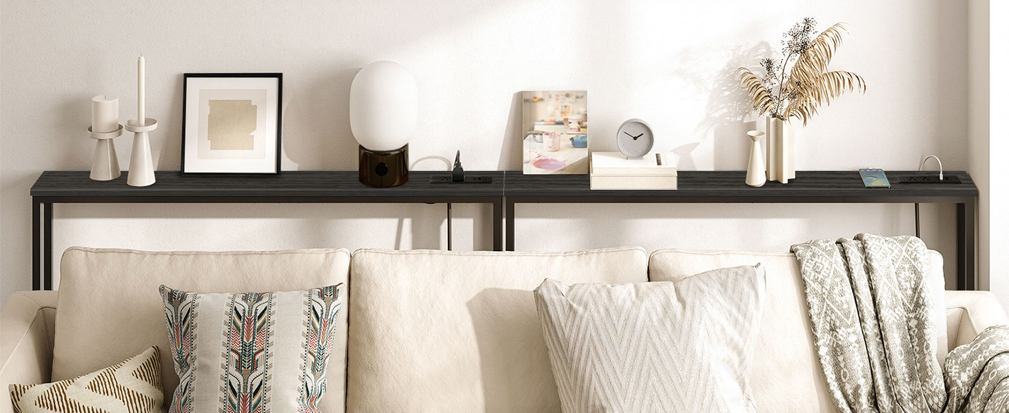 Slim Console Table with Power Outlets, Narrow Behind-Couch Table Integrated with Charging Station, Long Thin Sofa Side Table for Entryway and Living Room, Black Finish