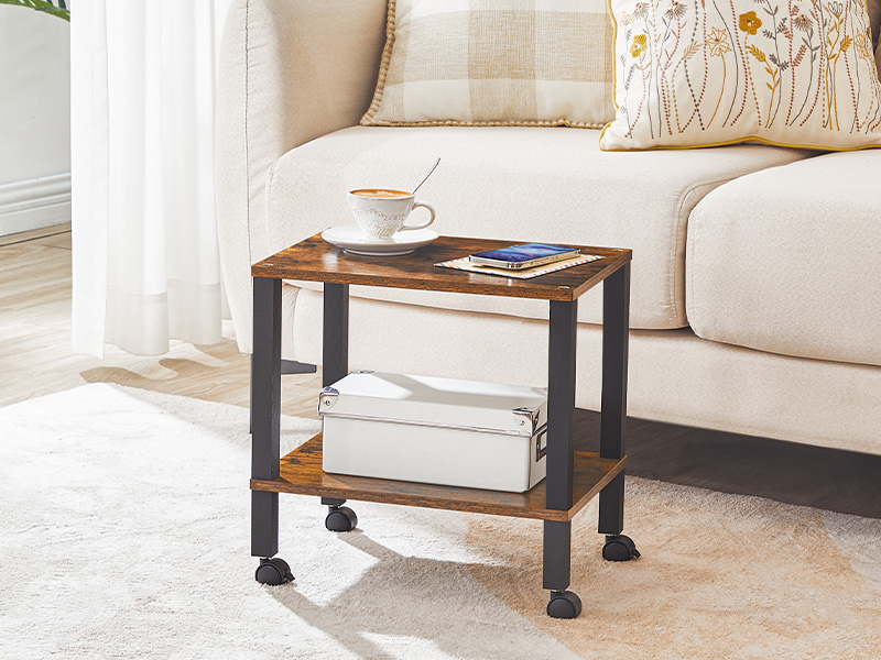 Industrial Rollable Printer Stand with Lockable Casters, 2-Tier Printer Trolley for Office Fax Machine, Castanho Escuro & Preto