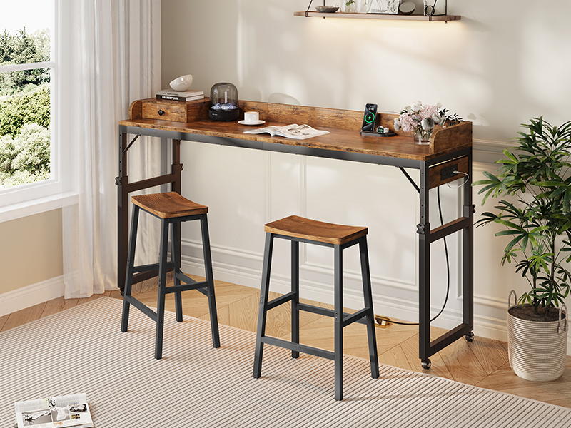 Rustic Brown & Black Mobile Overbed Table with Lockable Wheels, 180cm Height-Adjustable Over Bed Desk Equipped with Charging Station, Suitable for Bedroom, Living Room and Office