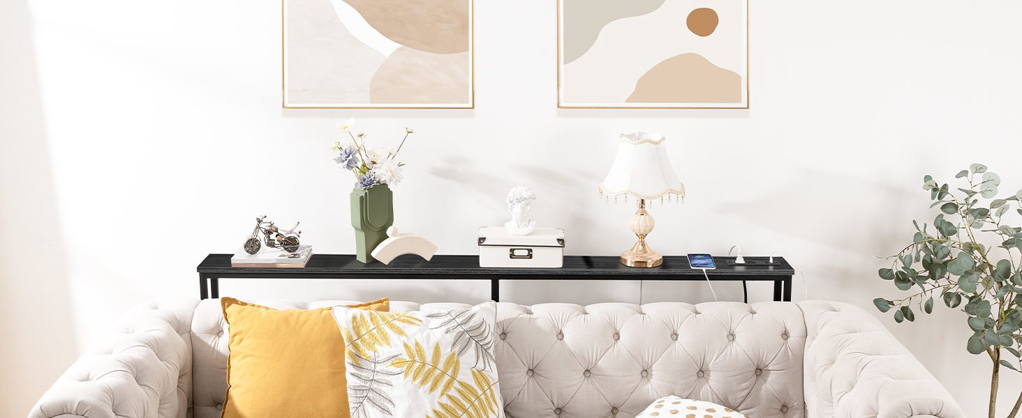 5.9-Inch Narrow Console Table with Integrated Charging Station, 63-Inch Slim Sofa Table Equipped with Power Outlets & USB Ports, Multi-Functional Entryway Table for Residential & Commercial Spaces, Black Finish