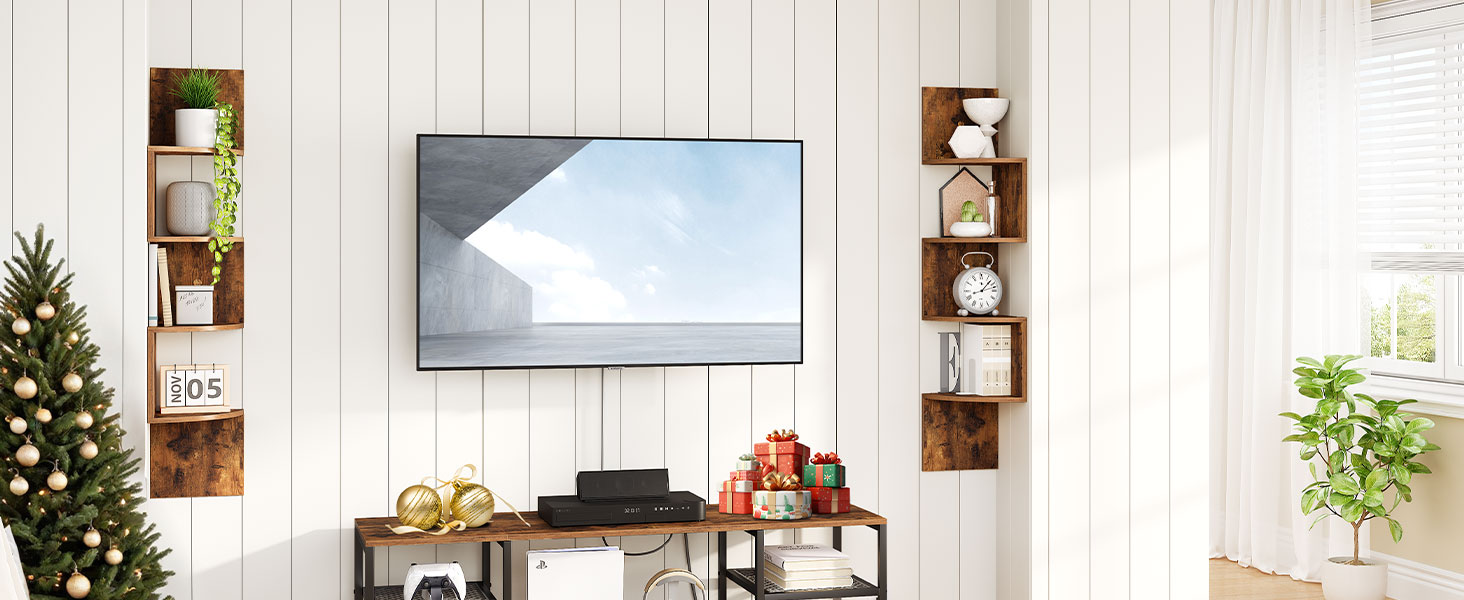 Zestaw 2 Narożne półki wiszące do montażu na ścianie, 4-Regały do przechowywania zygzakowatego poziomu, Organizator wielu scenariuszy do salonu, Sypialnia, Łazienka & ministerstwo spraw wewnętrznych, Rustykalne brązowe wykończenie