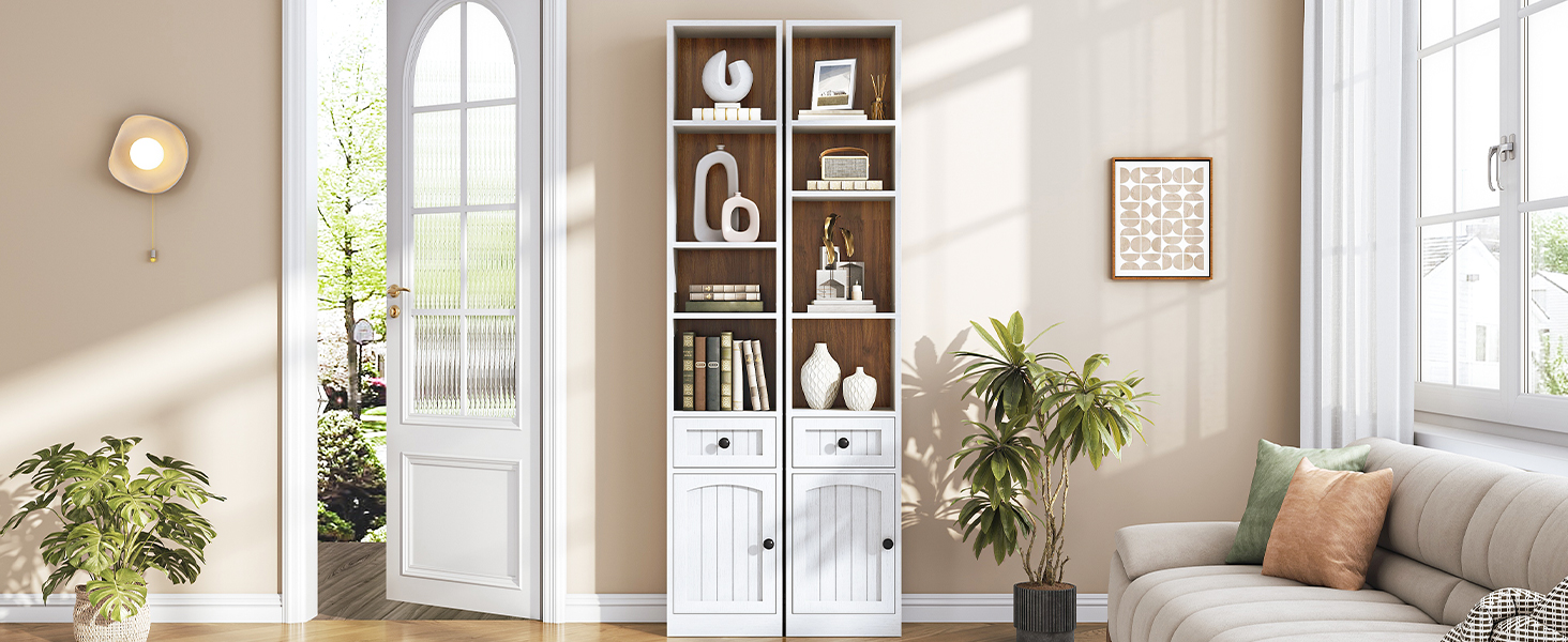 180cm Tall Narrow Bookcase with Storage Cabinet and Adjustable Shelves, White & Walnut Space-Saving Storage Shelf for Office, Living Room and Bedroom