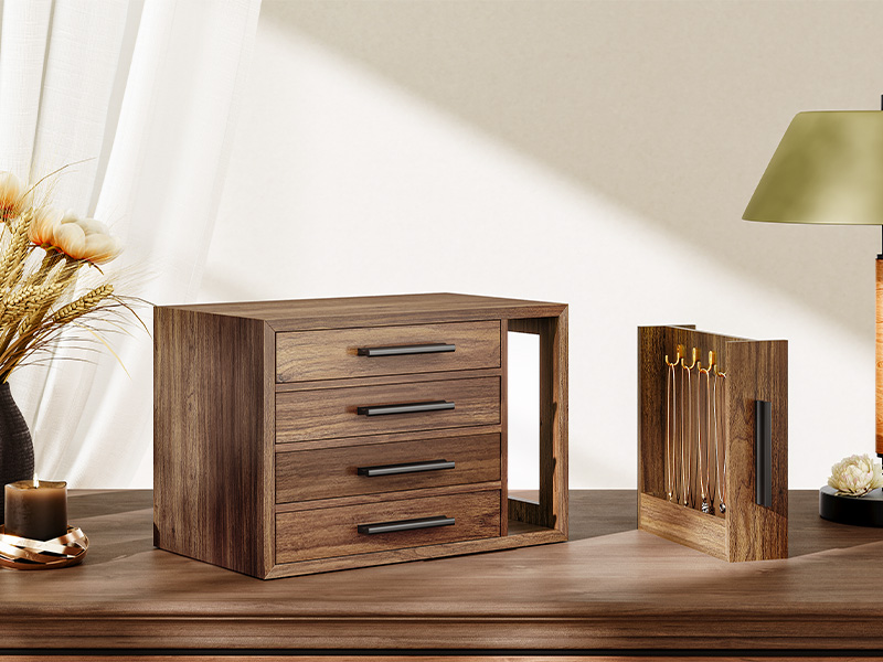 Walnut & Black Wooden Jewelry Organizer Box, 4-Layer Storage Case with Transparent Window, Suitable for Earrings, Necklaces, Rings and Cosmetics