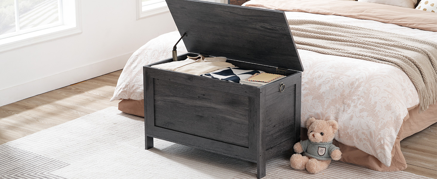 HOOBRO Toy Box, Retro Holz Look Späicherkëscht mat Sécherheetsscharnier, Entréeway Späicherbank ënnerstëtzt 220 lb, 29.9 x 15.7 x 18.9 Zoll Toy Këscht Organizer, Einfach Assemblée, Ganz charkalen Schwaarz