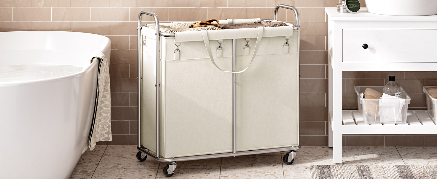 2-قسم سلة الغسيل المتداول ذات العجلات, عربة غسيل مبطنة قابلة للفصل, إطار فولاذي بمقبض, 31.5×15.7×31.5 بوصة, اللون البيج & فضة