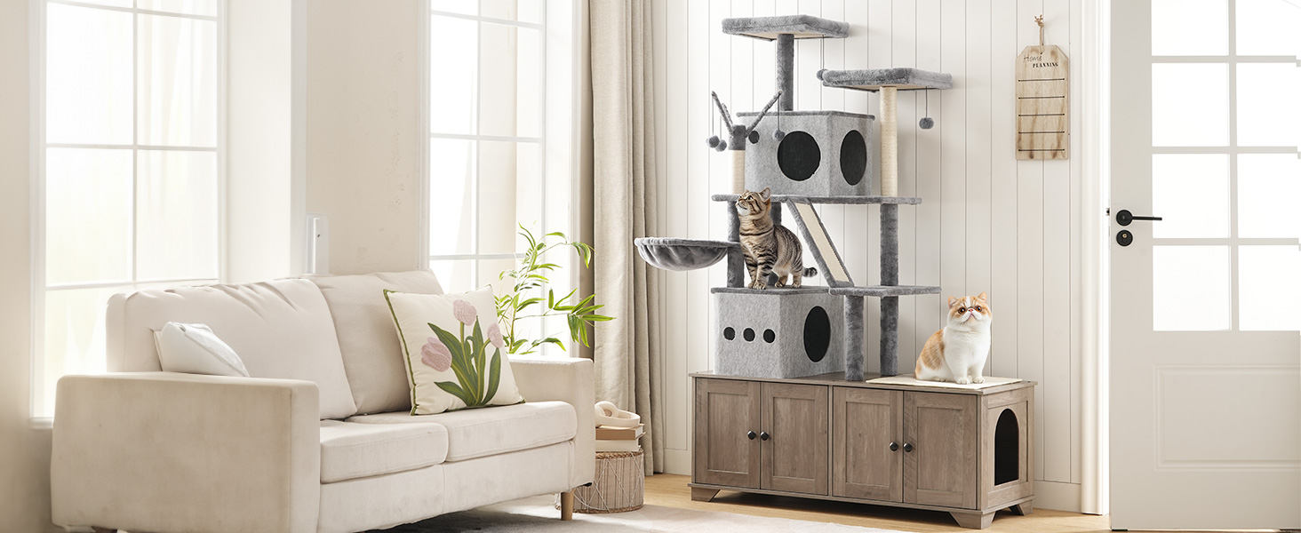 HOOBRO Double Litter Box Enclosure with Cat Tree, 45.3" L x 17.7" W x 68.9" H All-in-One Modern Cat Tower with Bed, Hidden Litter Box Enclosure Furniture, with Hammock, Sisal Posts, Greige