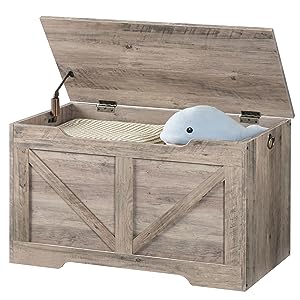 Storage Chest, Retro Toy Box Organizer with U-Shaped Cut-Out Pull, Storage Bench, Safety Hinge, Sturdy Toy Chest, Wooden, Supports 220 lb, Easy Assembly, Grey