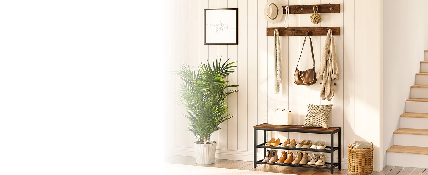 Industrieller Garderobenständer für den Eingangsbereich & Schuhbank-Set, Rustikale braune 2-reihige Garderobenhaken für den Flur, Multifunktionaler Schlammraum-Organizer für Mäntel, Hüte, Taschen und Schuhe
