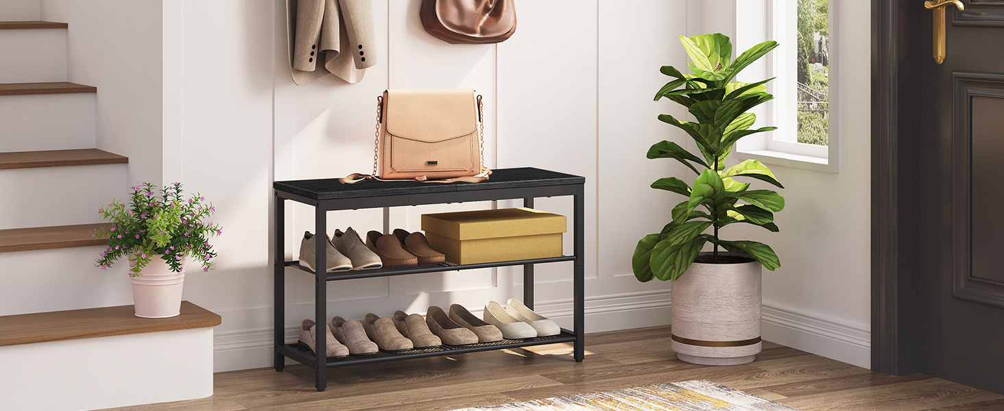 3-مقعد تخزين الأحذية الطبقة, منظم الأحذية الصناعية مع أرفف شبكية, 74.93سم مقعد الدخول, تجميع سهل, أسود, للدخول, غرفة الجلوس, المدخل