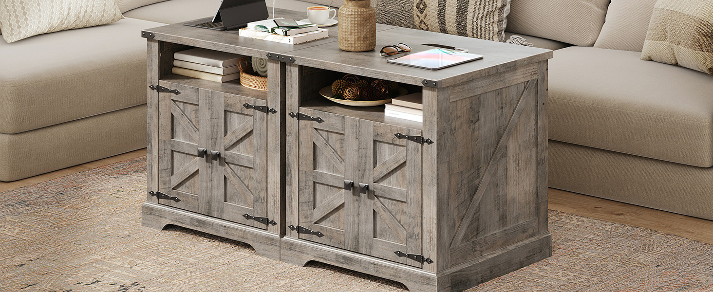 Конечный стол Farmhouse с зарядной станцией, 60cm Large End Table for Living Room, Стол с боковым набором дивана с дверью сараем, Wooden Square Nightstand Bedside Table with Flip Top, Серый