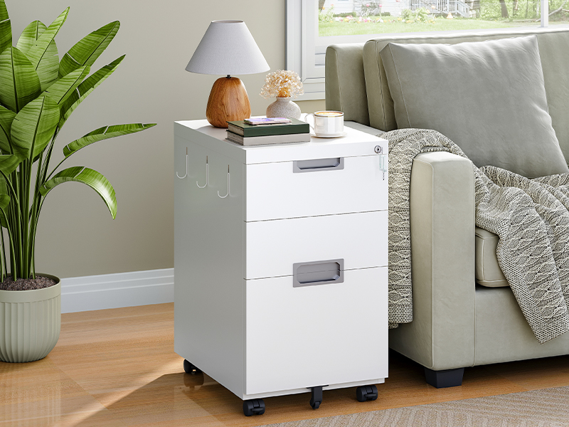 Mobile Lockable Filing Cabinet with 3 Drawers, 5-Wheel Office Storage Container, Desk Base Cabinet Compatible with A4, Legal and Letter Files, White