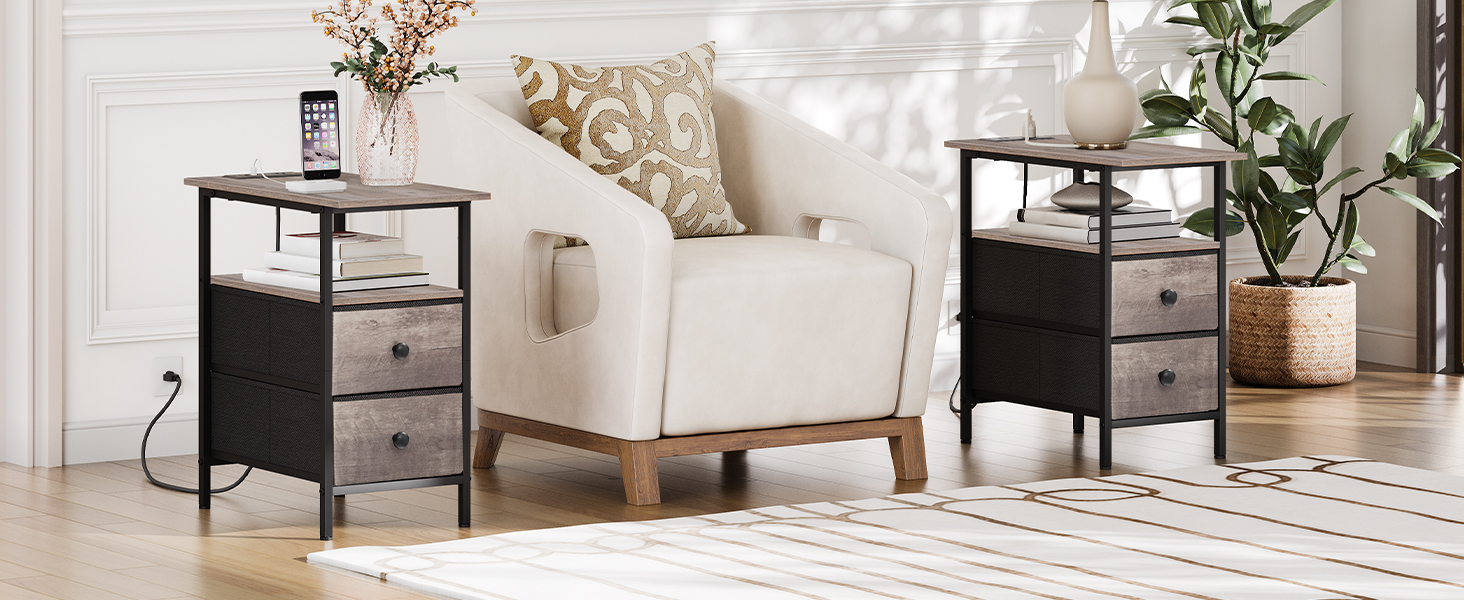 Narrow Side Table with Charging Station, Multifunctional Grey & Black Nightstand with 2 Non-Woven Drawers and Open Shelves, Slim Design for Small Spaces, Living Room & Bedroom