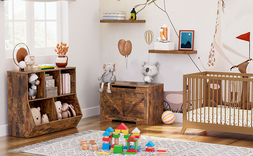 Aufbewahrungstruhe aus Holz, Aufbewahrungsbank mit Verriegelungsmechanismus, Retro-Spielzeugkisten-Organizer mit Sicherheitsscharnier, Stabile Spielzeugtruhe, 75 x 40 X 50.5 cm, Einfache Montage, Rustikales Braun