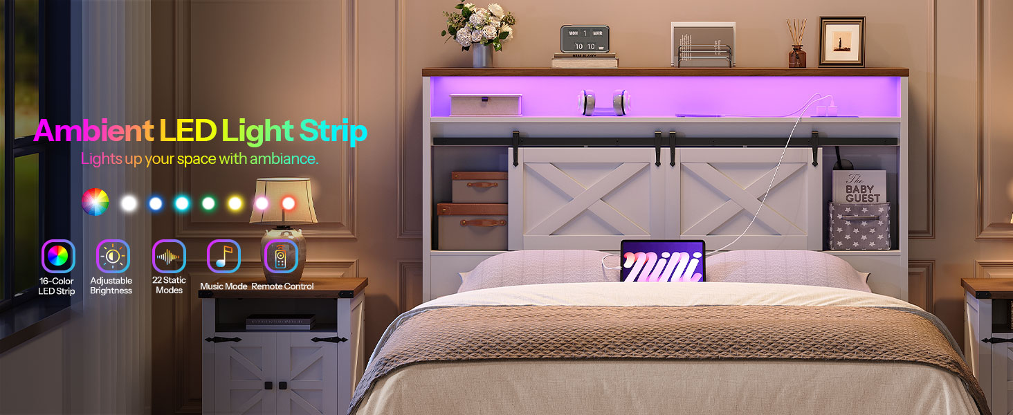 Queen-Size Farmhouse Headboard with Storage, Integrated Charging Station & LED Lighting, Bookcase Design with Flip-Down Drawer & Sliding Barn Doors, White & Walnut Finish