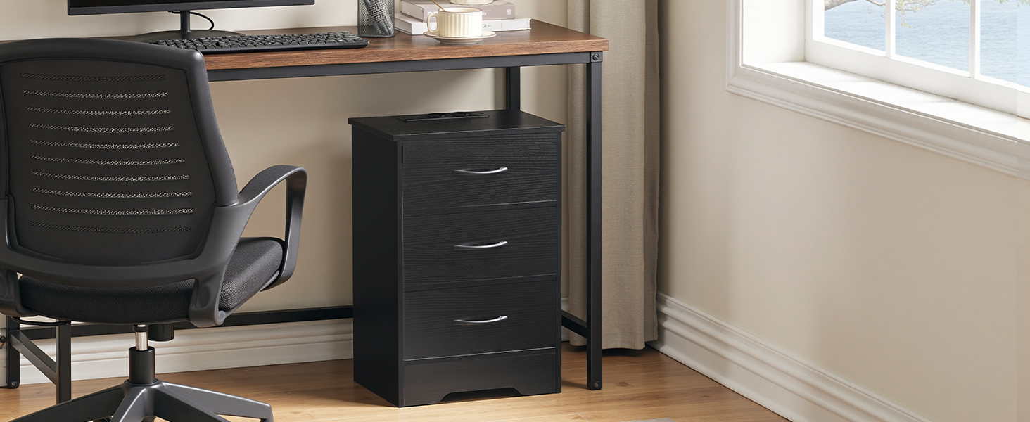 Black Bedside Table with Integrated Charging Station, Slim Side Table with 3 Szuflady z włókniny, 2 Gniazda, 1 USB-A & 1 Type-C Port for Living Room and Bedroom