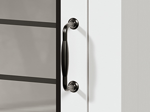 Farmhouse Style End Table with Charging Station, 45cm Wide Nightstand, White & Walnut Wooden Sofa Side Table with Tempered Glass Barn Door and Open Shelf