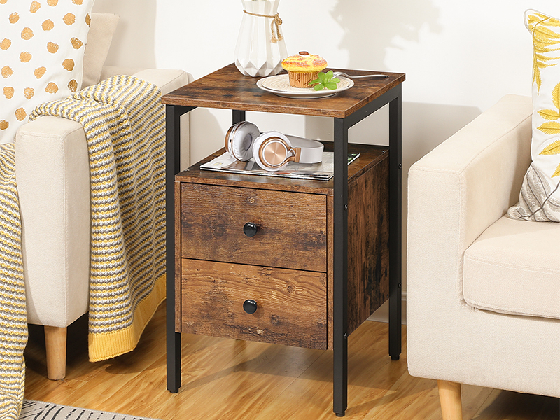 منضدة سرير, طاولة بجانب السرير مع 2 الأدراج ورفوف التخزين, طاولة نهاية جانبية, طاولة أريكة لغرفة المعيشة, غرفة نوم, أثاث لهجة, التجميع سهل, بني ريفي أسود