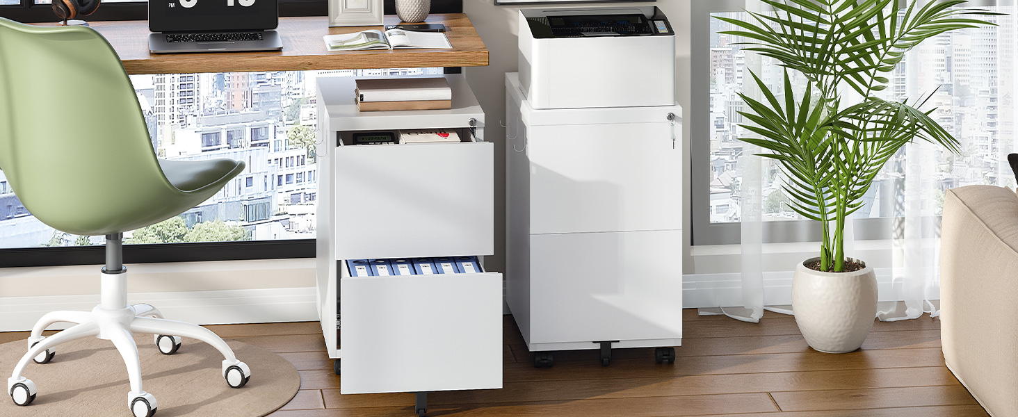 Mobile Lockable Filing Cabinet with 2 Drawers, 5-Wheel Desk Base Storage Unit, Compatible with A4, Legal and Letter Files, White