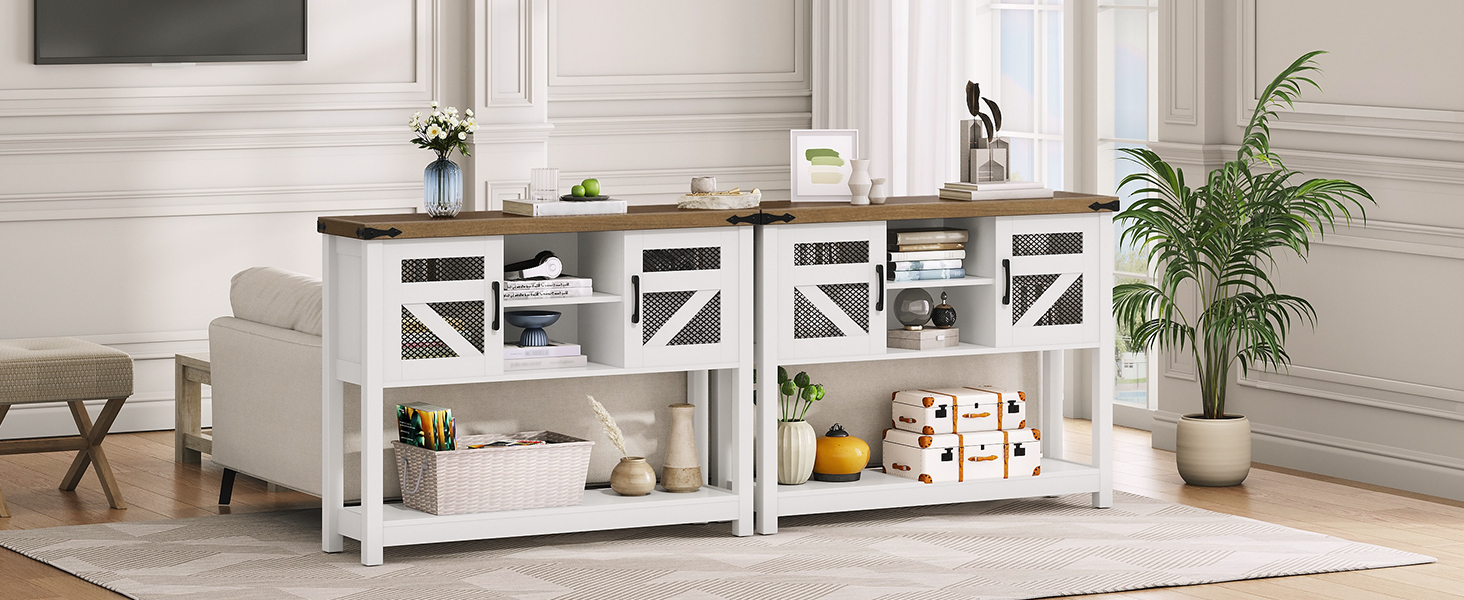 Farmhouse-Style Console Table with Storage, 110cm Narrow Entryway Table Featuring Open Shelf and 2 Cabinets, Multifunctional Sofa Side Table for Living Room, White & Walnut Finish