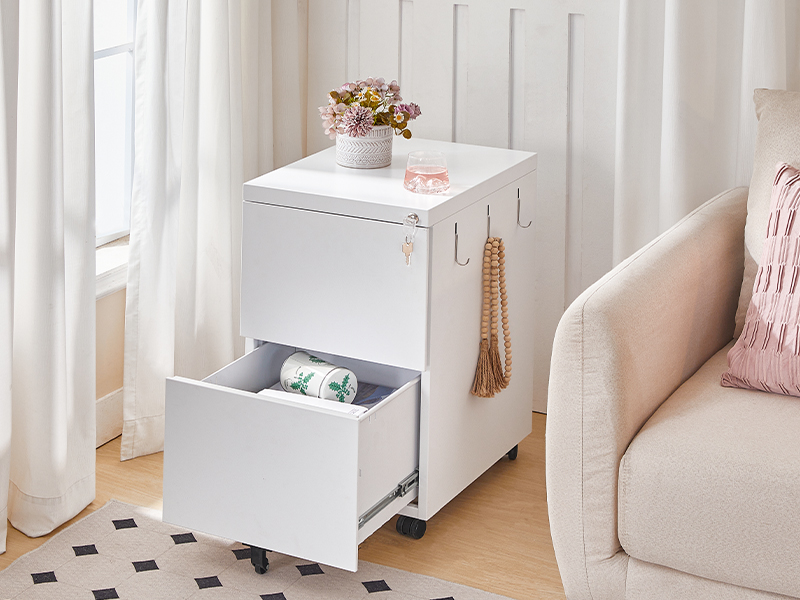 Mobile Lockable Filing Cabinet with 2 Drawers, 5-Wheel Desk Base Storage Unit, Compatible with A4, Legal and Letter Files, White