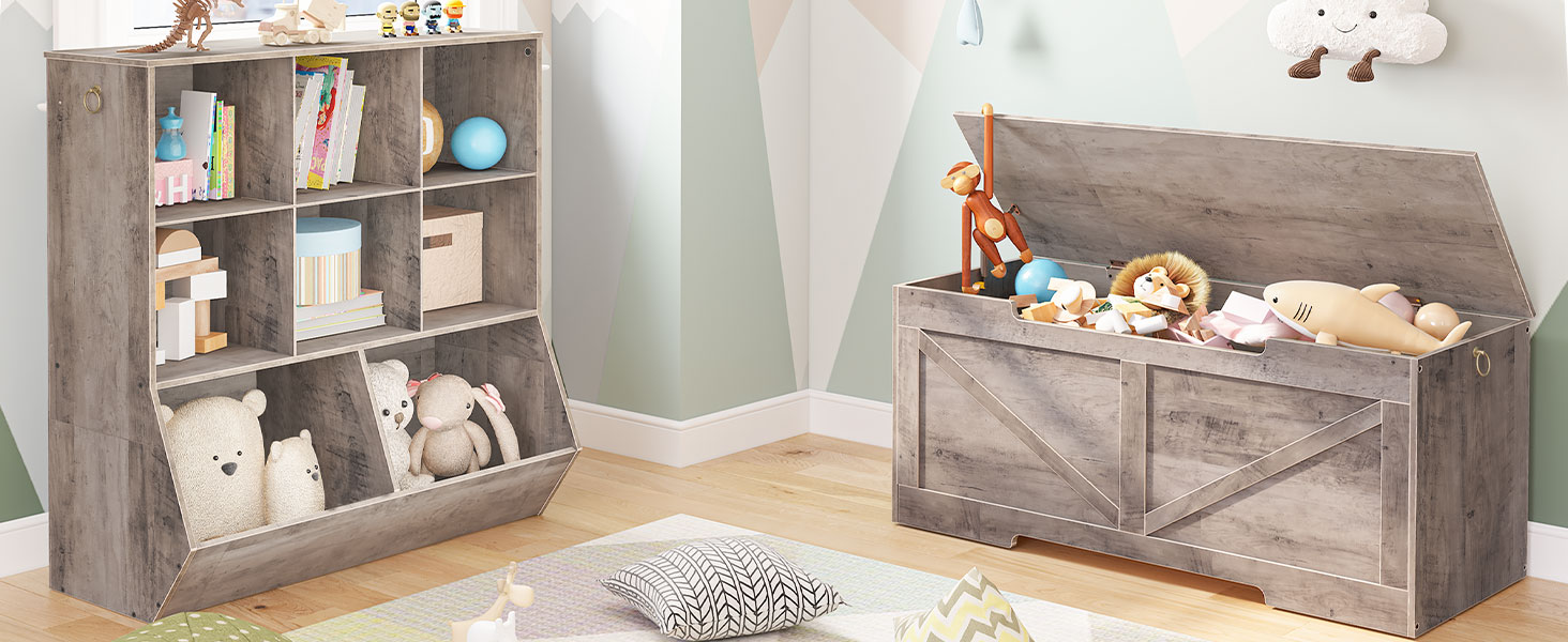 Banc de rangement HOOBRO, 43.3" Coffre de rangement rétro en bois avec poignée découpée en forme de U, Charnière de sécurité, Les soutiens 220 lb et assemblage facile pour organisateur de coffre à jouets (Gris)