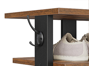 10-Tier Vertical Wooden Shoe Rack with Hooks, Rustic Brown 20-Pair Narrow Storage Tower, Space-Saving Organizer for Entryway, Living Room & Bedroom