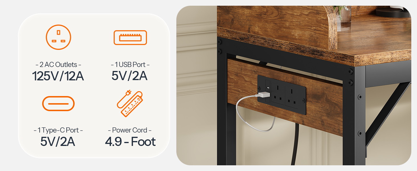 Rustic Brown & Black Mobile Overbed Table with Lockable Wheels, 180cm Height-Adjustable Over Bed Desk Equipped with Charging Station, Suitable for Bedroom, Living Room and Office