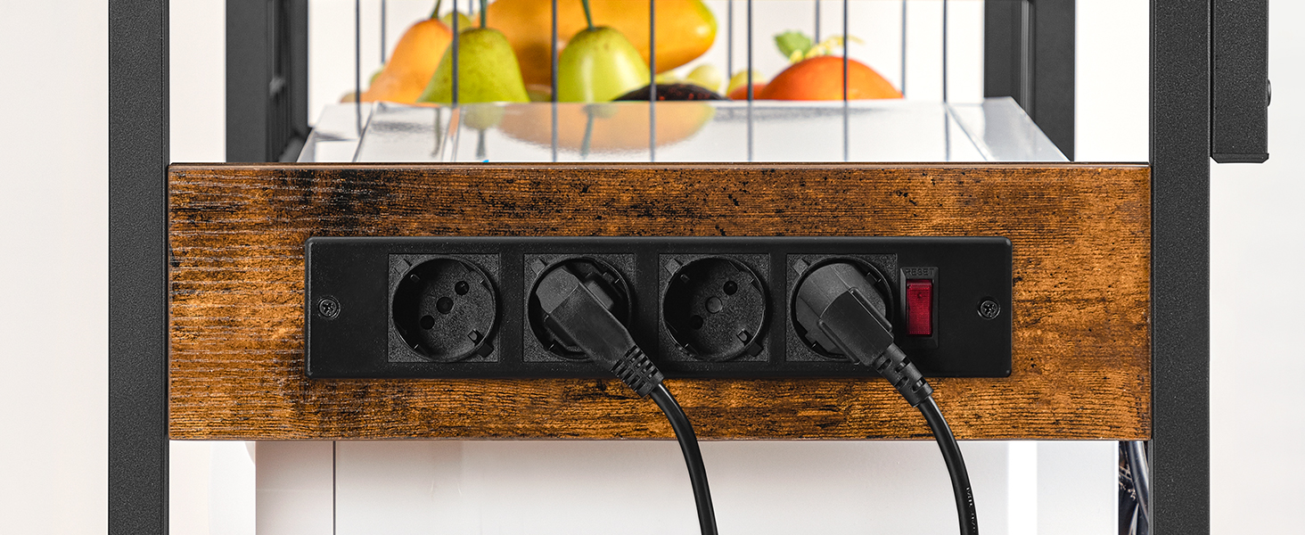 Kitchen Storage Shelf with Power Sockets, Free-Standing Microwave Oven Stand, Equipped with 4 S-Hooks, Rustic Brown & Black