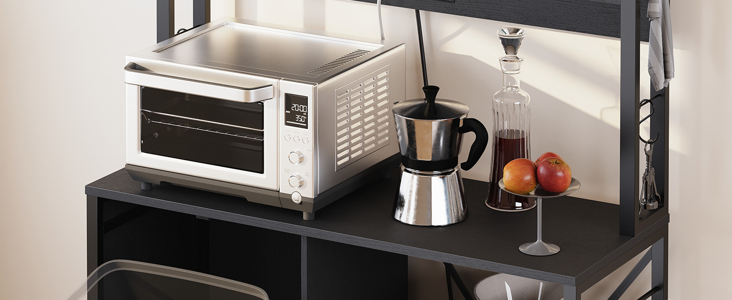 5-Tier Kitchen Bakers Rack with Integrated Power Module, Microwave Stand with Trash Can Storage Cabinet, Multi-Functional Storage Shelf for Coffee Bar, Dining & Living Room, Black Finish