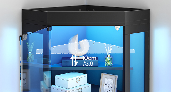 Corner Display Cabinet with Glass Doors, 3-Color LED Light Storage Cabinet with Adjustable Shelves, Multi-Functional Bookcase for Living Room, Hallway, Bedroom, Black