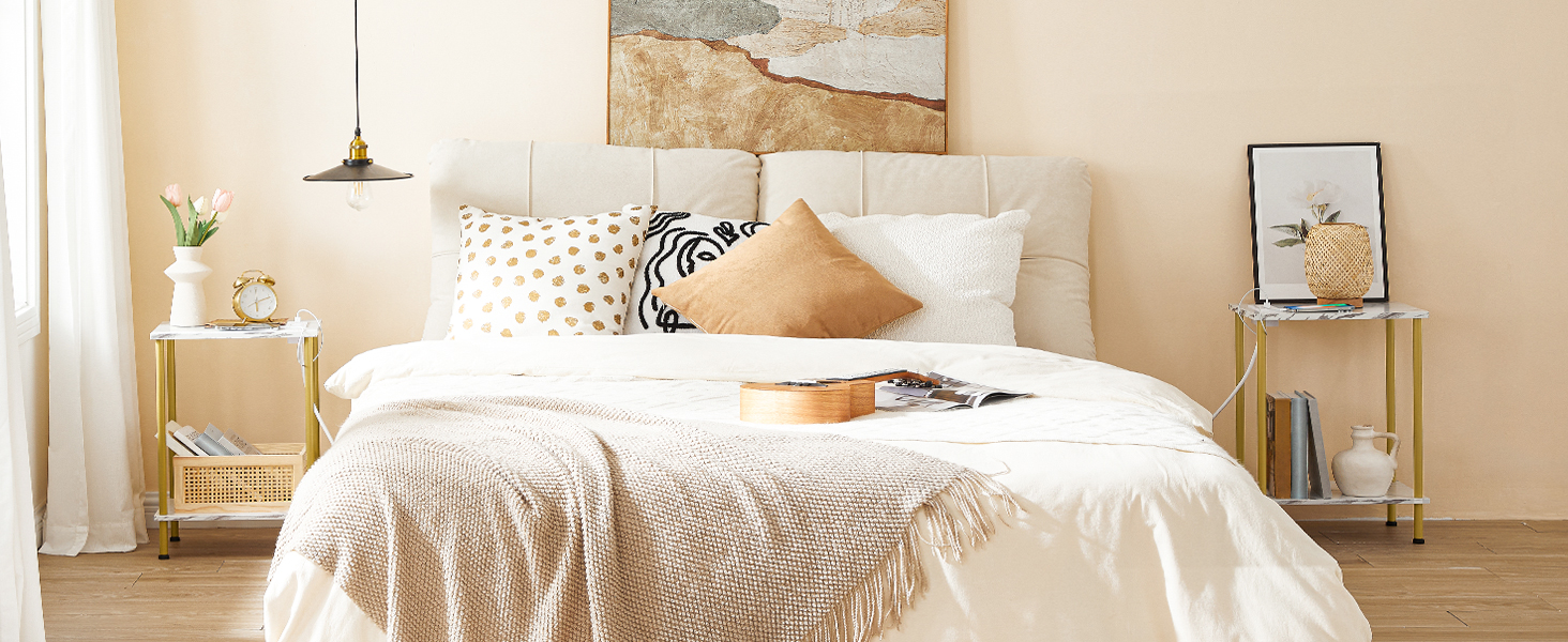 HOOBRO Side Table with Charging Station, End Table with USB Port and Outlet, Nightstand with 2-Layer Storage Shelves for Small Spaces, Living Room, Bedroom, Stable Frame, Gold and Marble