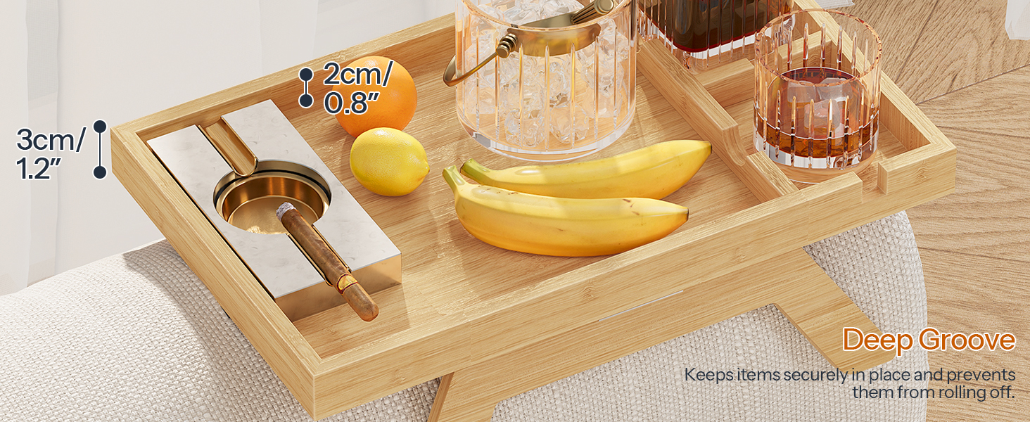 طاولة صينية مسند ذراع لأريكة الخيزران, طاولة جانبية على شكل أريكة بمشبك مع حاملات أكواب مزدوجة, صينية تخزين متعددة الوظائف للمشروبات, الوجبات الخفيفة وأجهزة التحكم عن بعد, لمسة نهائية من الخيزران الطبيعي