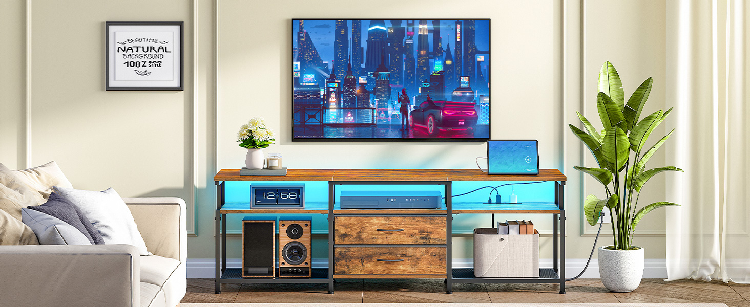TV Stand with Integrated Power Outlet and LED Lighting, Entertainment Center Compatible with TVs Up to 75 Inches, Modern Media Console with 2 Non-Woven Drawers, Rustic Brown