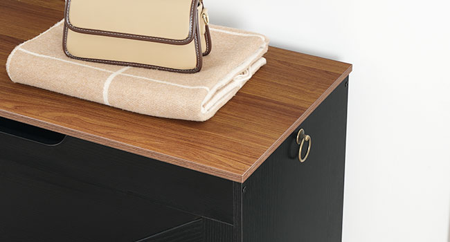 Banc de rangement HOOBRO, 39.4" Coffre de rangement en bois rétro avec traction de découpe en forme de U, Charnière de sécurité, Les soutiens 220 lb et assemblage facile pour organisateur de coffre à jouets (Noir et noix)