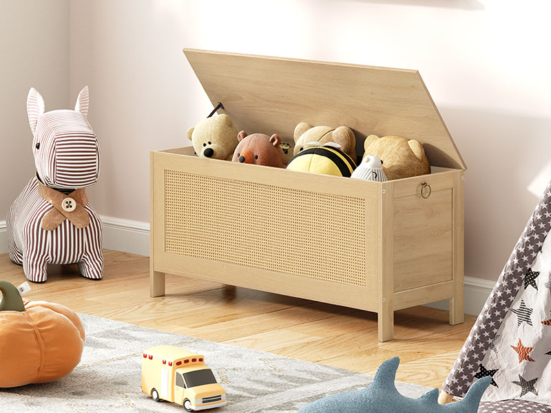 HOOBRO Storage Bench, Large Toy Box, Storage Chest with Faux Rattan Decoration, Toy Chest, 39.4'' Toy Storage Organizer, Safety Hinge and Sturdy Support, for Living Room, Bedroom, Natural