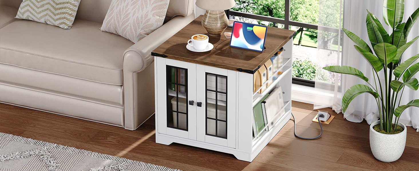 Maalaistalon päätypöytä latausasemalla, Suuri sohva sivupöytä sivuhyllyillä, Neliö yöpöytä lasi -ovella, Suuri yö seisoo olohuoneeseen, Valkoinen ja pähkinä