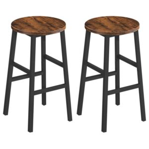 set of 2 bar stools, round bar chairs with footrest, 24.4inch height, kitchen breakfast bar stools, industrial bar stools, strong metal frame, for dining room, kitchen, rustic brown