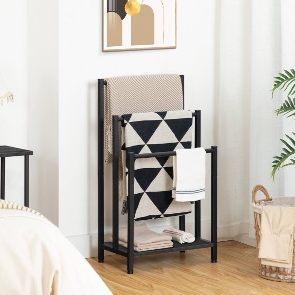 حامل مناشف قائم بذاته مكون من 3 طبقات, حامل بطانية معدني على الطراز الصناعي مع رف تخزين, تجفيف متعدد الوظائف & رف العرض للاستخدام المنزلي, لمسة نهائية سوداء