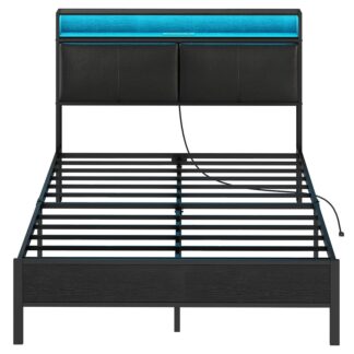 Mustan sängyn runko, Metalli -alustan runko latausasemalla ja LED -valolla, Pääty hyllyillä, Ei tarvita laatikkojousia