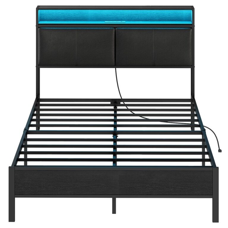 إطار السرير الأسود الكامل, إطار سرير منصة معدنية مع محطة شحن وضوء LED, اللوح الأمامي مع الرفوف, لا حاجة إلى بوكس ​​سبرينغز