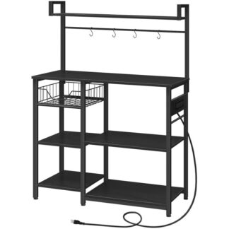 Küchenbäckerregal mit Stromauslass, Kaffee Bar, Mikrowellenofenständer mit Meshkorb, Kaffeestation mit 4 S-förmiger Haken, Küchenregal, für Küche, Wohnzimmer, Schwarz