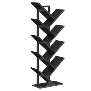 tree bookshelf, 9-tier bookcase wooden shelves, floor standing storage rack, for display of cds, books in living room, home office, wood storage rack for bedroom, black