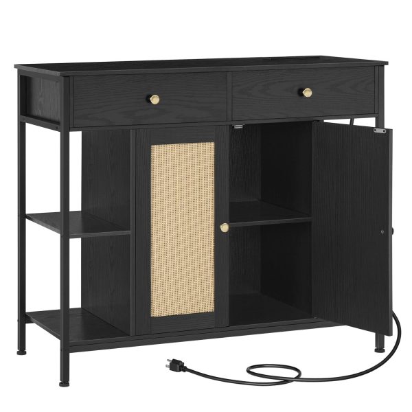 Black Multifunctional Sideboard with Integrated Charging Station, Rattan-Decorated Storage Cabinet with Drawers, مناسبة لغرفة الطعام, مطبخ, المدخل وغرفة المعيشة